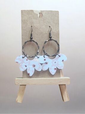 Pink Floral Leather Drop Earrings with Hammered Hoop